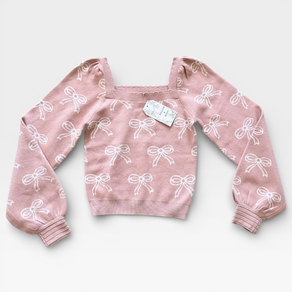 Willow & Wind Pink Bow Print Square Neck Puff Sleeve Knit Crop Sweater Small NWT